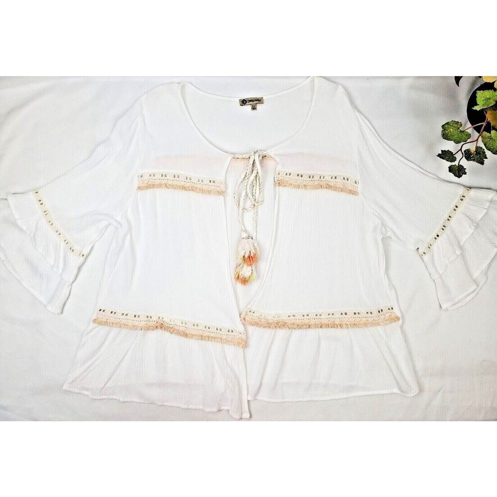 Democracy Womens Top Size XL Rayon Ivory White Bell Sleeves Gauze Tassel Tie - Picture 3 of 6